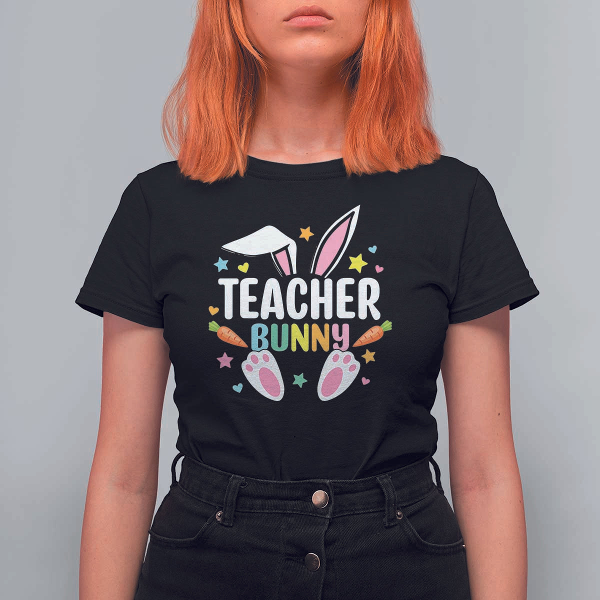 Teacher Bunny T Shirt For Women Rabbit Ears Easter Day Carrot Star Heart - Wonder Print Shop