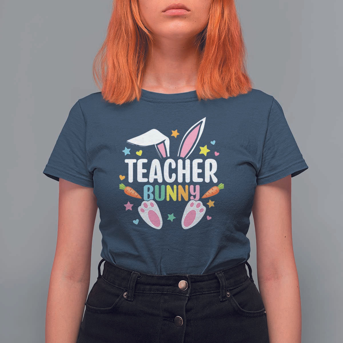 Teacher Bunny T Shirt For Women Rabbit Ears Easter Day Carrot Star Heart - Wonder Print Shop