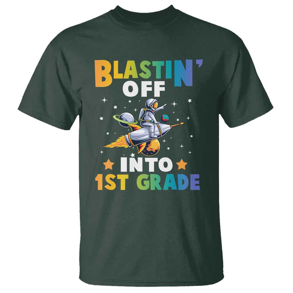 Funny Back To School Space T Shirt Blastin' Off Into 1st Grade Astronaut Rocket - Wonder Print Shop