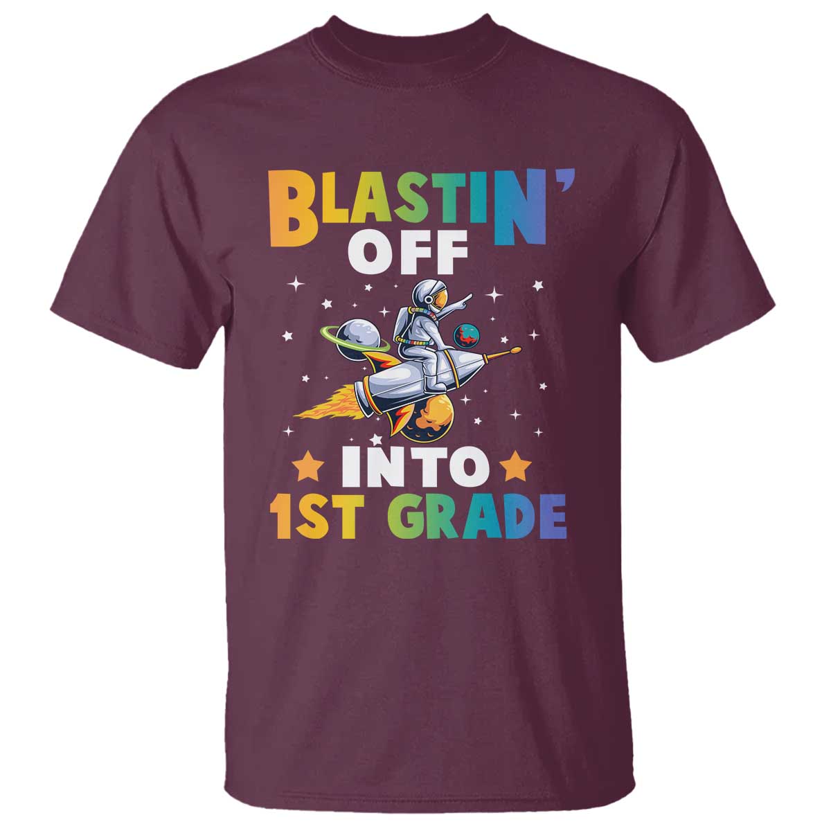 Funny Back To School Space T Shirt Blastin' Off Into 1st Grade Astronaut Rocket - Wonder Print Shop