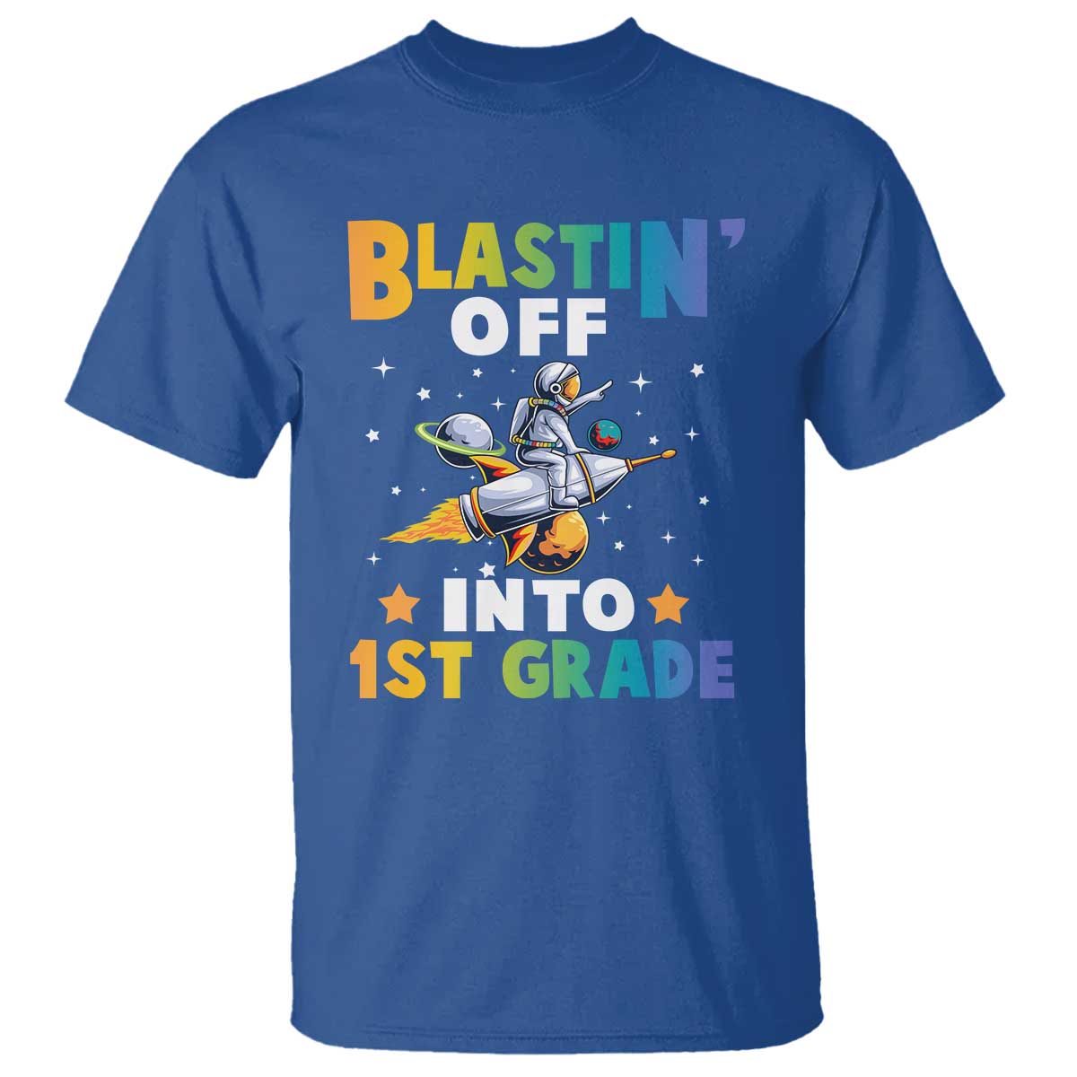 Funny Back To School Space T Shirt Blastin' Off Into 1st Grade Astronaut Rocket - Wonder Print Shop