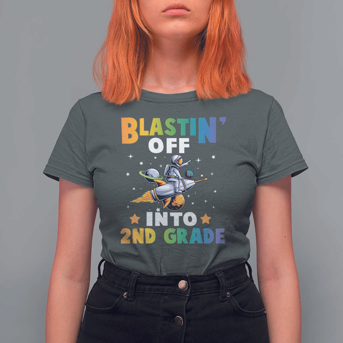 Funny Back To School Space T Shirt For Women Blastin' Off Into 2nd Grade Astronaut Rocket - Wonder Print Shop