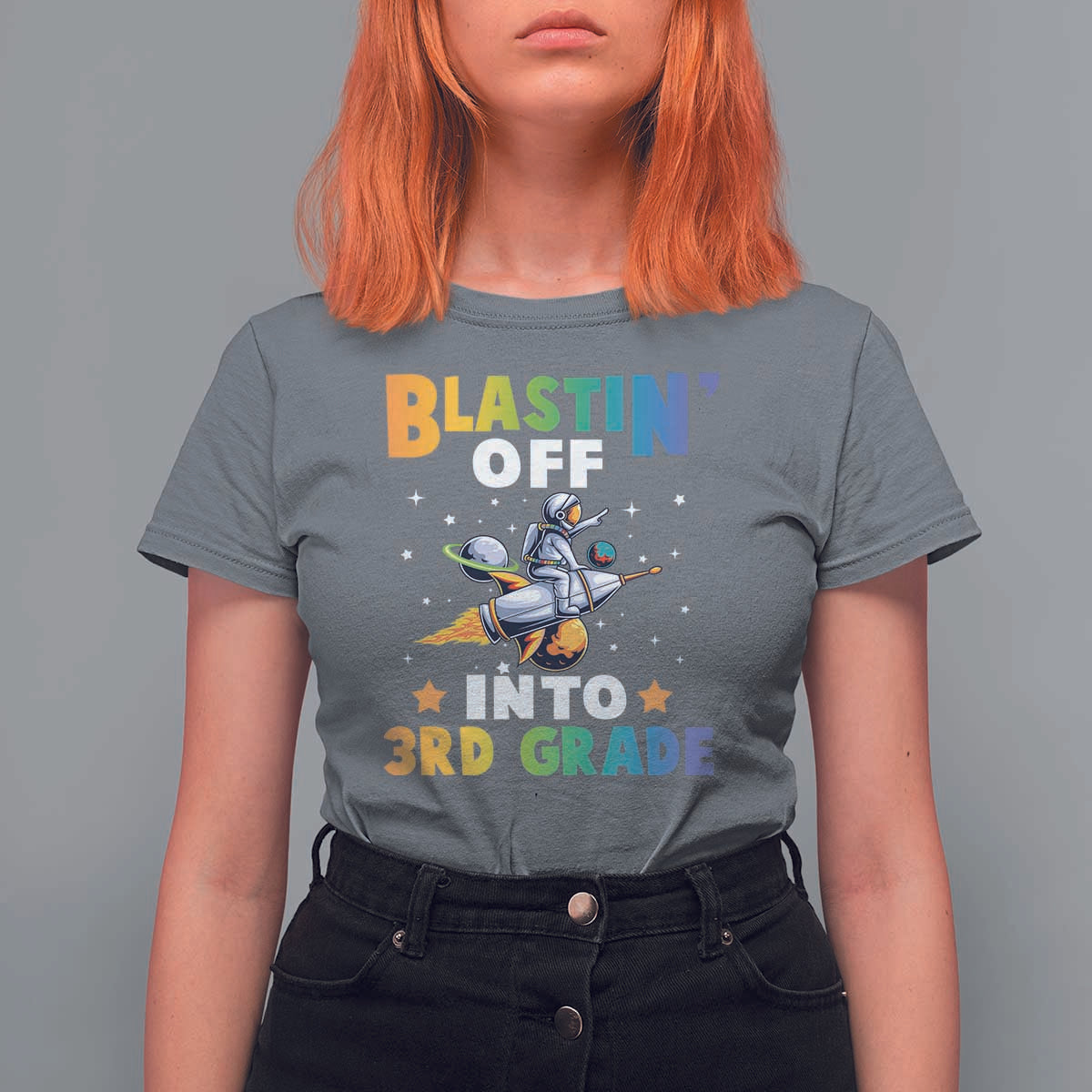 Funny Back To School Space T Shirt For Women Blastin' Off Into 3rd Grade Astronaut Rocket - Wonder Print Shop