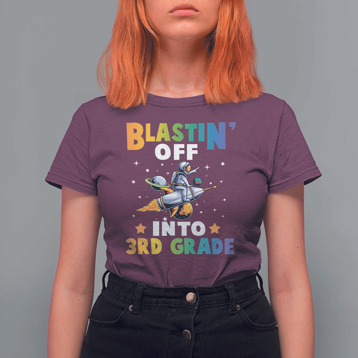 Funny Back To School Space T Shirt For Women Blastin' Off Into 3rd Grade Astronaut Rocket - Wonder Print Shop
