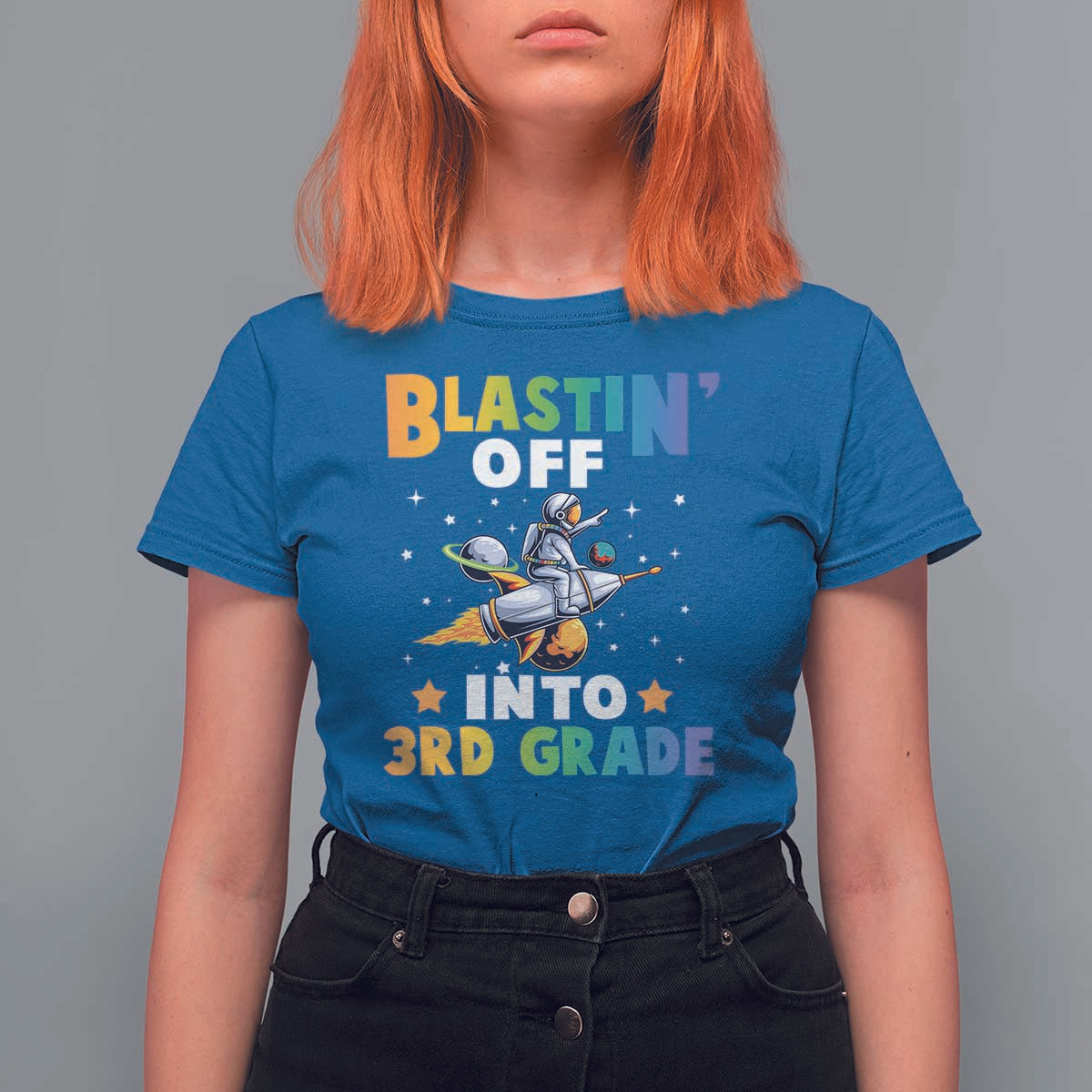 Funny Back To School Space T Shirt For Women Blastin' Off Into 3rd Grade Astronaut Rocket - Wonder Print Shop