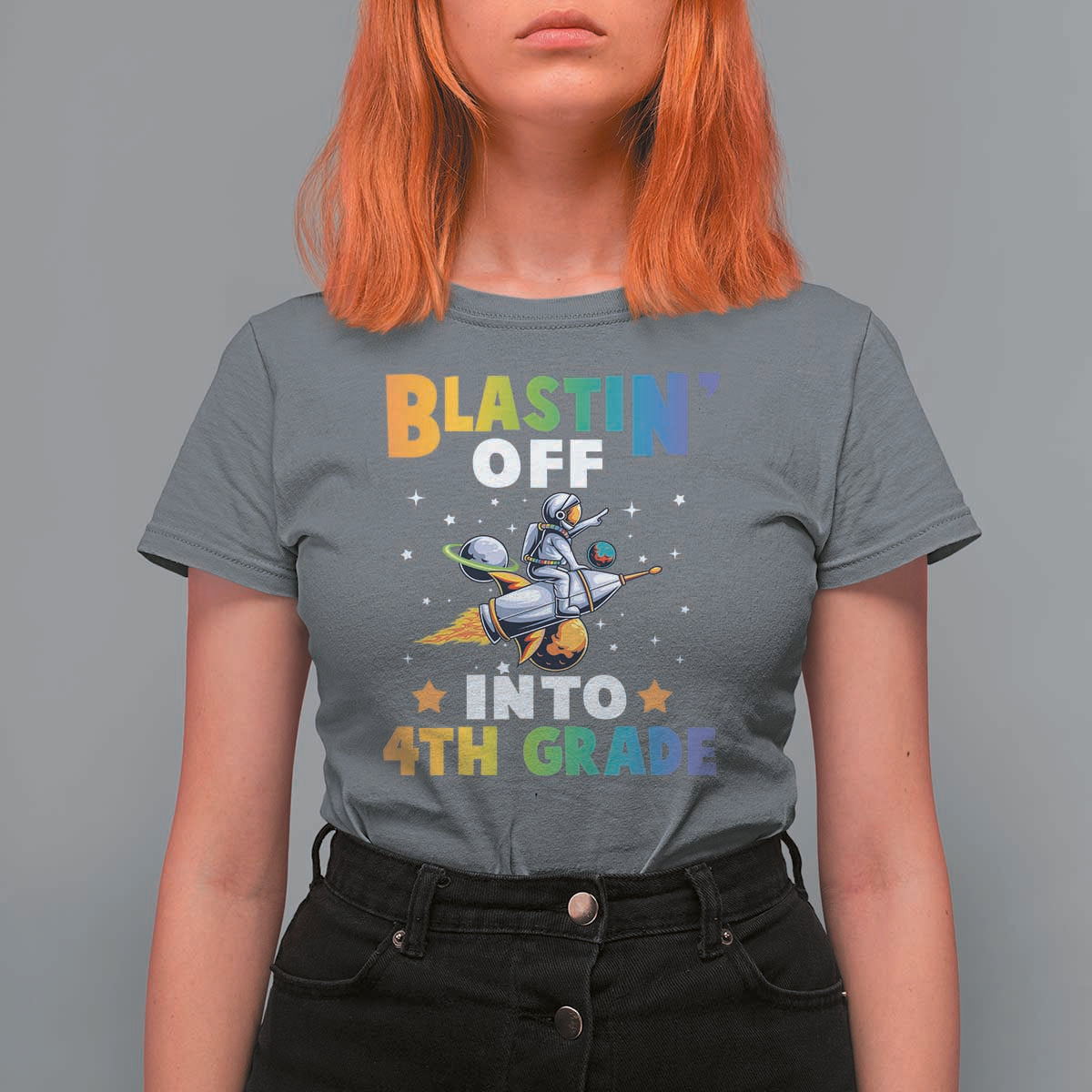 Funny Back To School Space T Shirt For Women Blastin' Off Into 4th Grade Astronaut Rocket - Wonder Print Shop