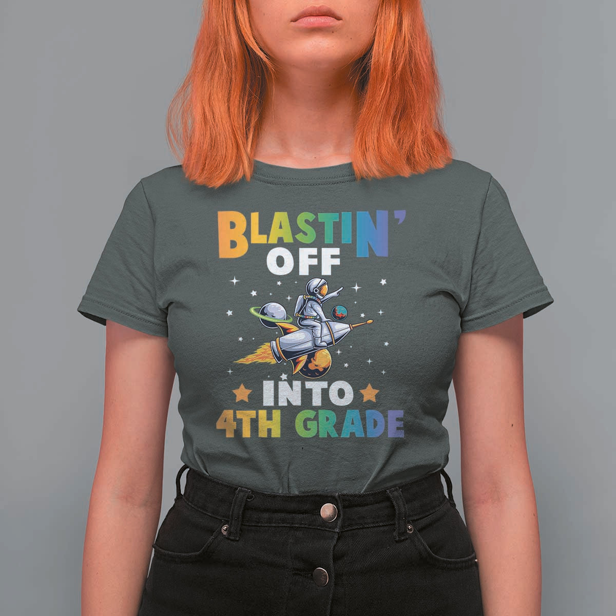 Funny Back To School Space T Shirt For Women Blastin' Off Into 4th Grade Astronaut Rocket - Wonder Print Shop