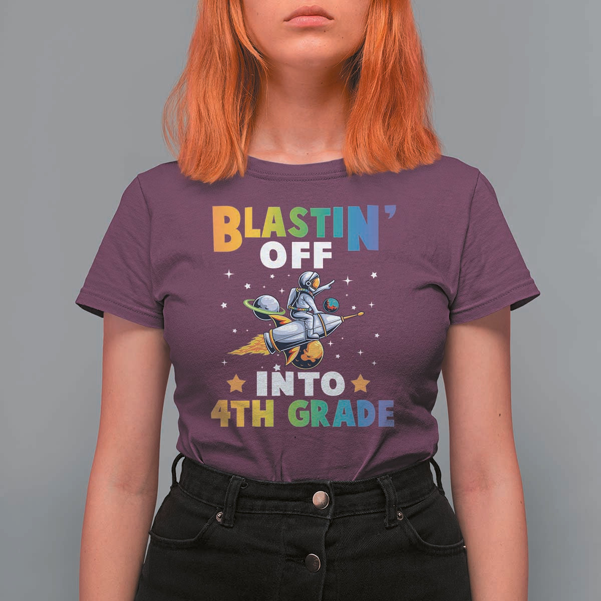 Funny Back To School Space T Shirt For Women Blastin' Off Into 4th Grade Astronaut Rocket - Wonder Print Shop