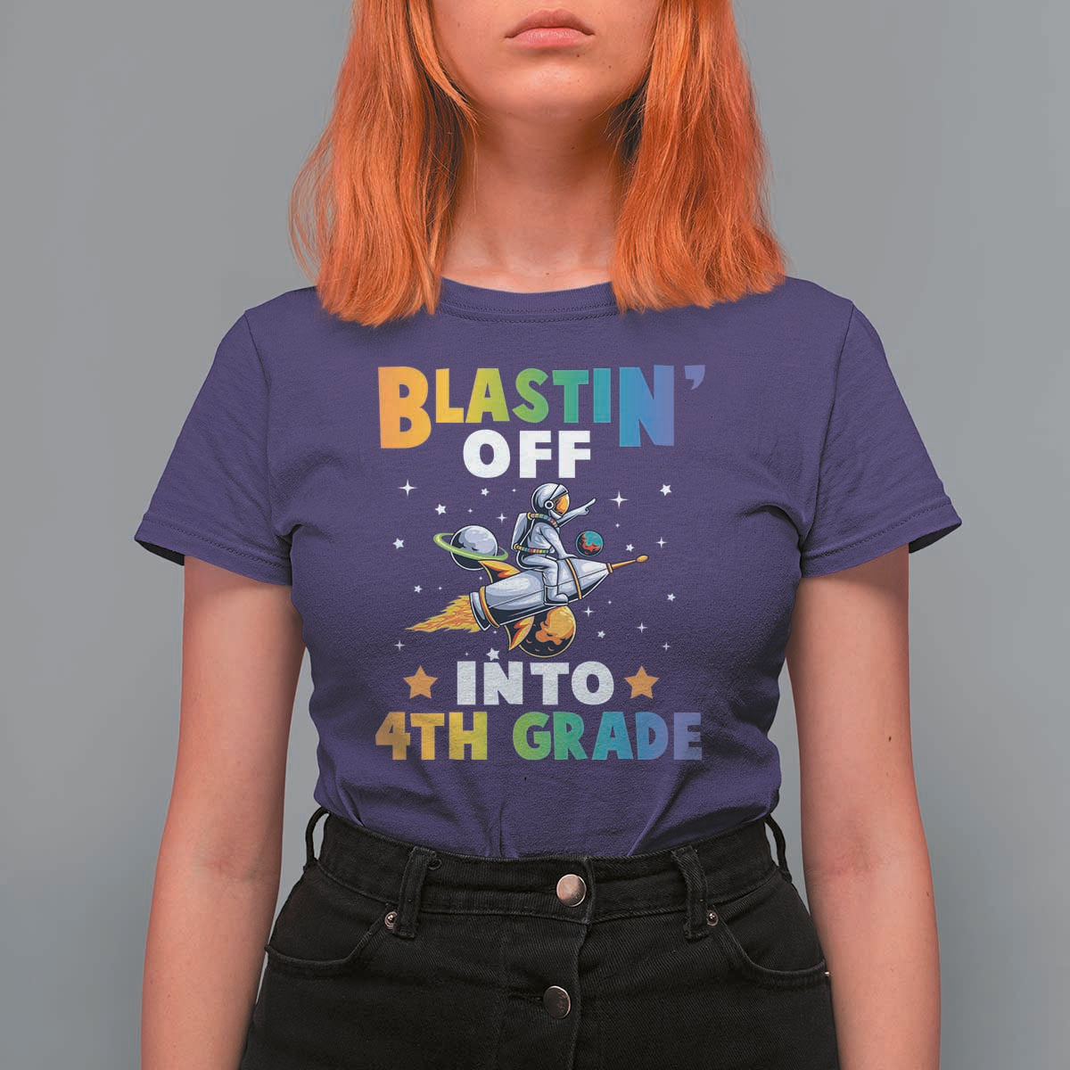 Funny Back To School Space T Shirt For Women Blastin' Off Into 4th Grade Astronaut Rocket - Wonder Print Shop