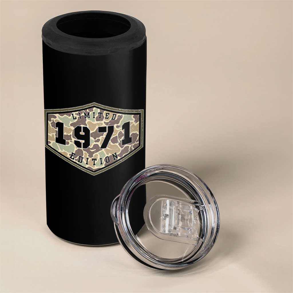 55th Birthday Hunting 4 in 1 Can Cooler Tumbler 1971 Limited Edition Vintage Camouflage Gifts For Turning 55