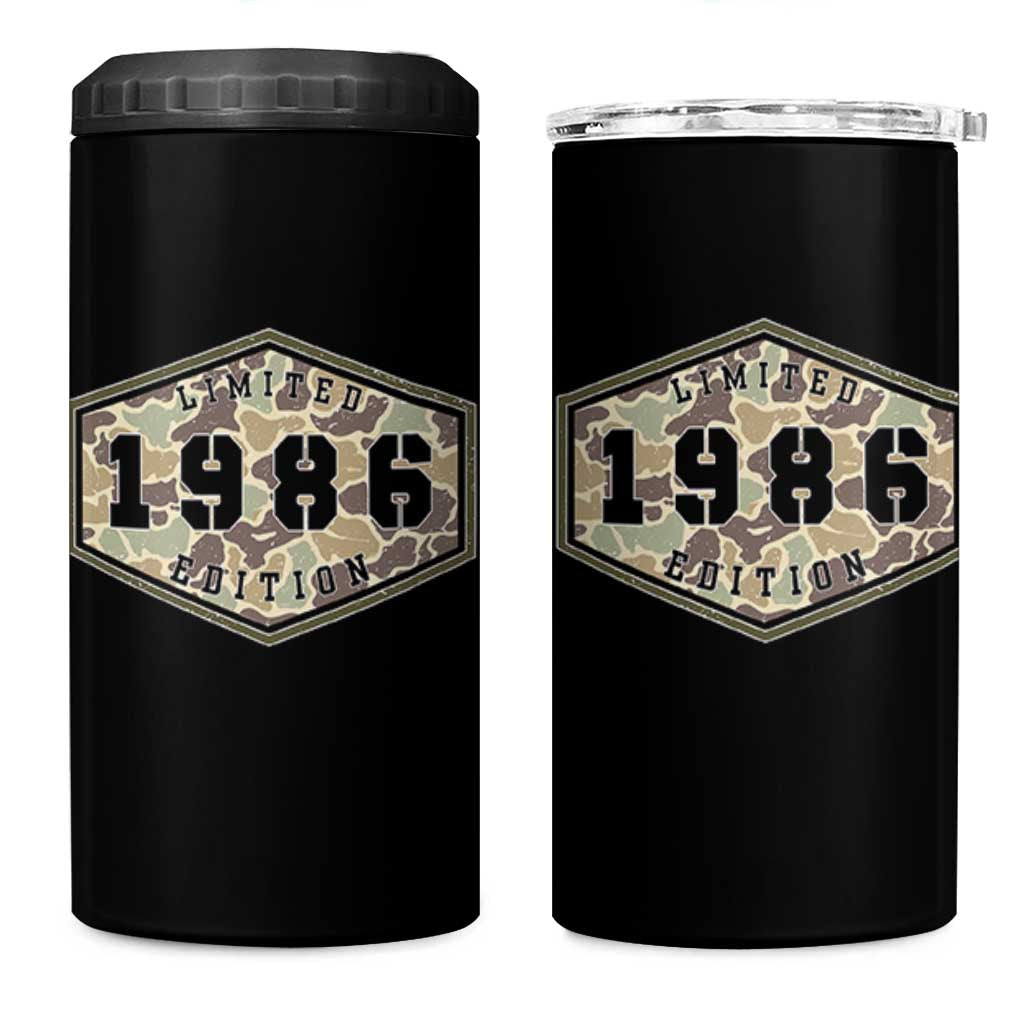 40th Birthday Hunting 4 in 1 Can Cooler Tumbler 1986 Limited Edition Vintage Camouflage Gifts For Turning 40