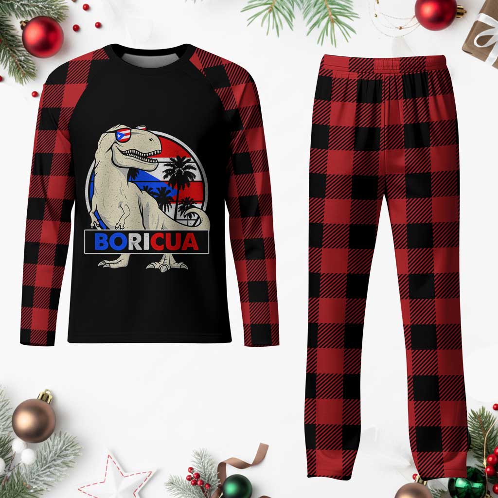 Funny Boricua Dinosaur Dino Puerto Rican Flag Hispanic Heritage Plaid Pajama Set - Wonder Print Shop