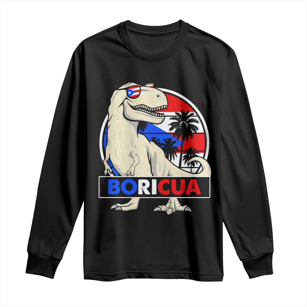 Funny Boricua Dinosaur Dino Puerto Rican Flag Hispanic Heritage Long Sleeve Shirt - Wonder Print Shop