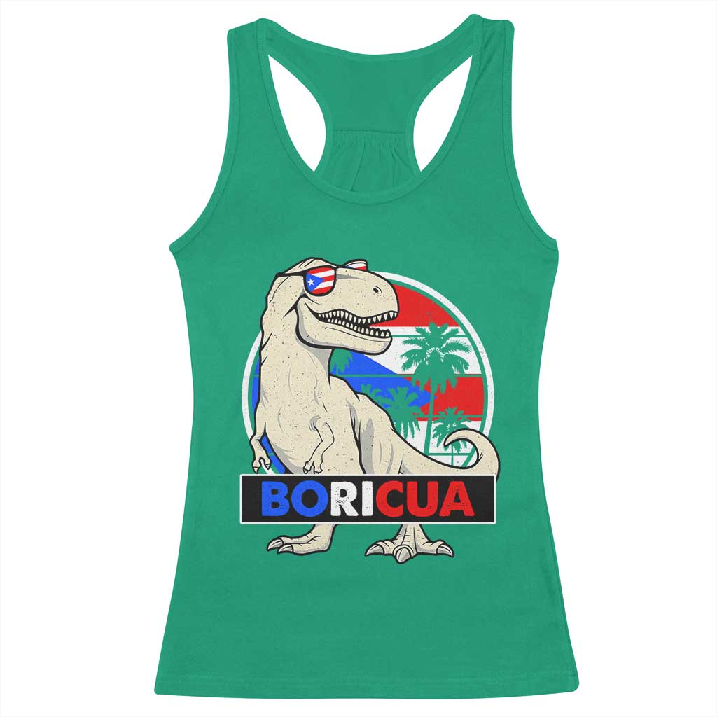 Funny Boricua Dinosaur Dino Puerto Rican Flag Hispanic Heritage Racerback Tank Top - Wonder Print Shop