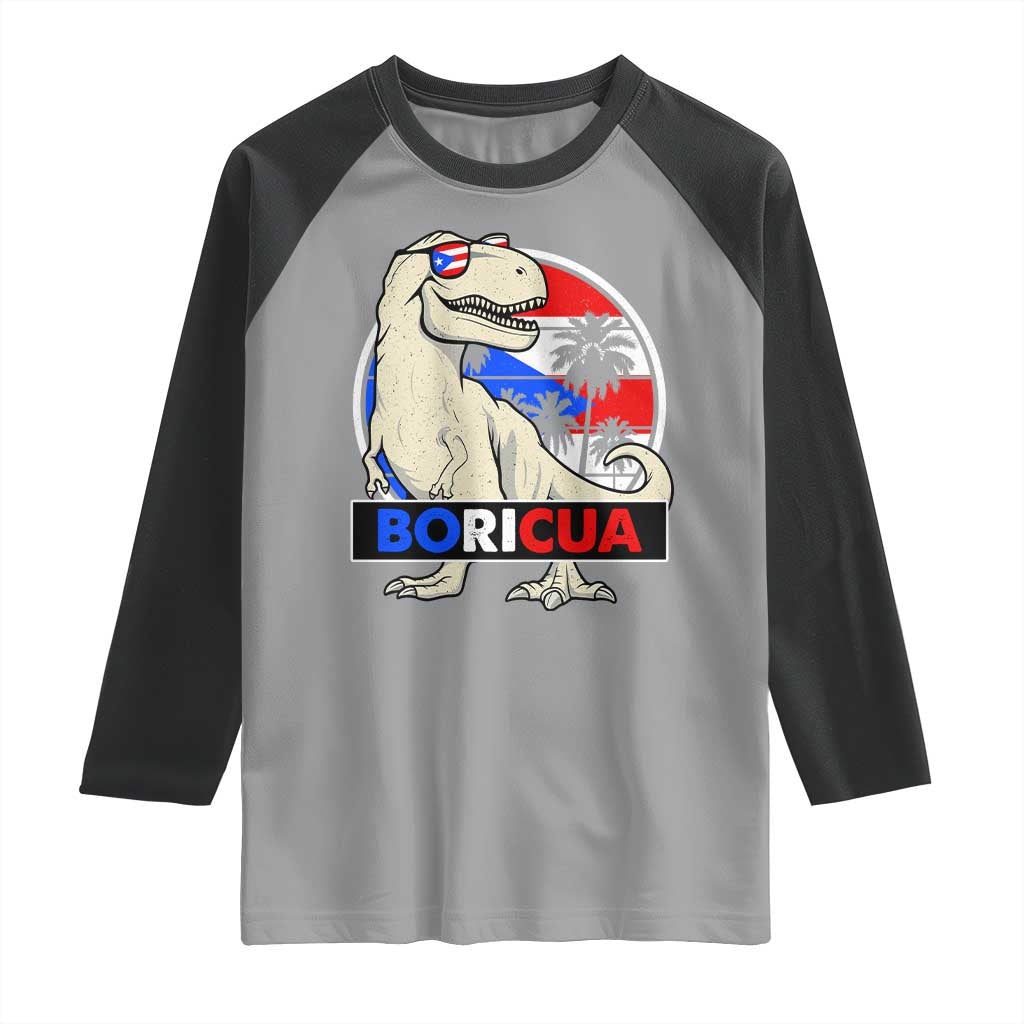 Funny Boricua Dinosaur Dino Puerto Rican Flag Hispanic Heritage Raglan Shirt - Wonder Print Shop