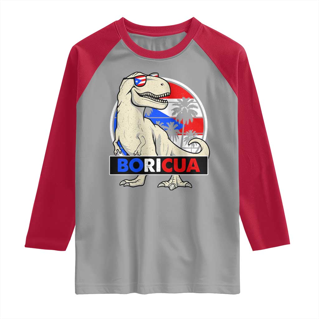 Funny Boricua Dinosaur Dino Puerto Rican Flag Hispanic Heritage Raglan Shirt - Wonder Print Shop