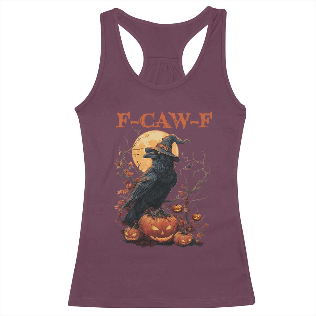 Funny Halloween F Caw F Racerback Tank Top Black Crow Moon Gothic Spooky Season - Wonder Print Shop