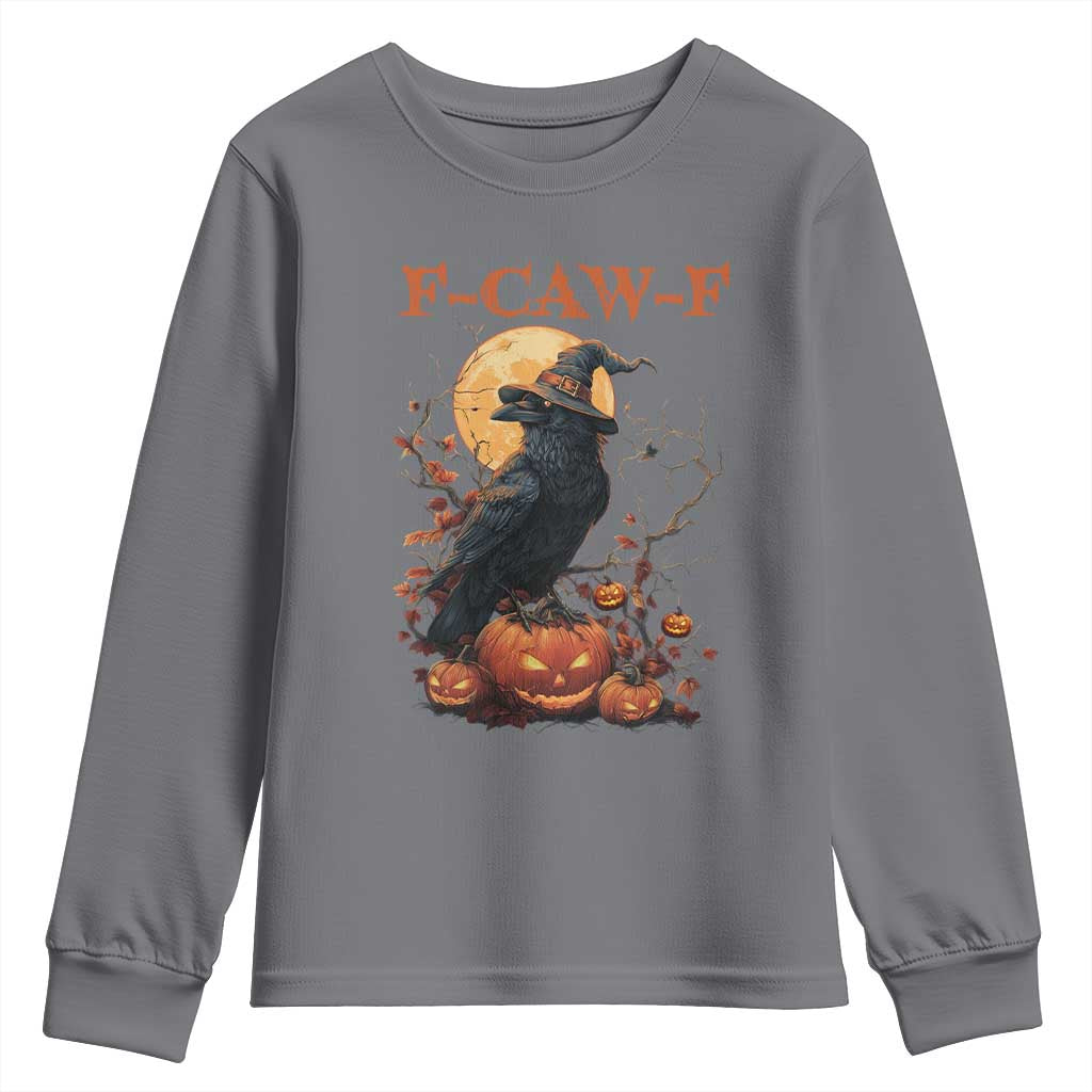Funny Halloween F Caw F Youth Sweatshirt Black Crow Moon Gothic Spooky Season - Wonder Print Shop