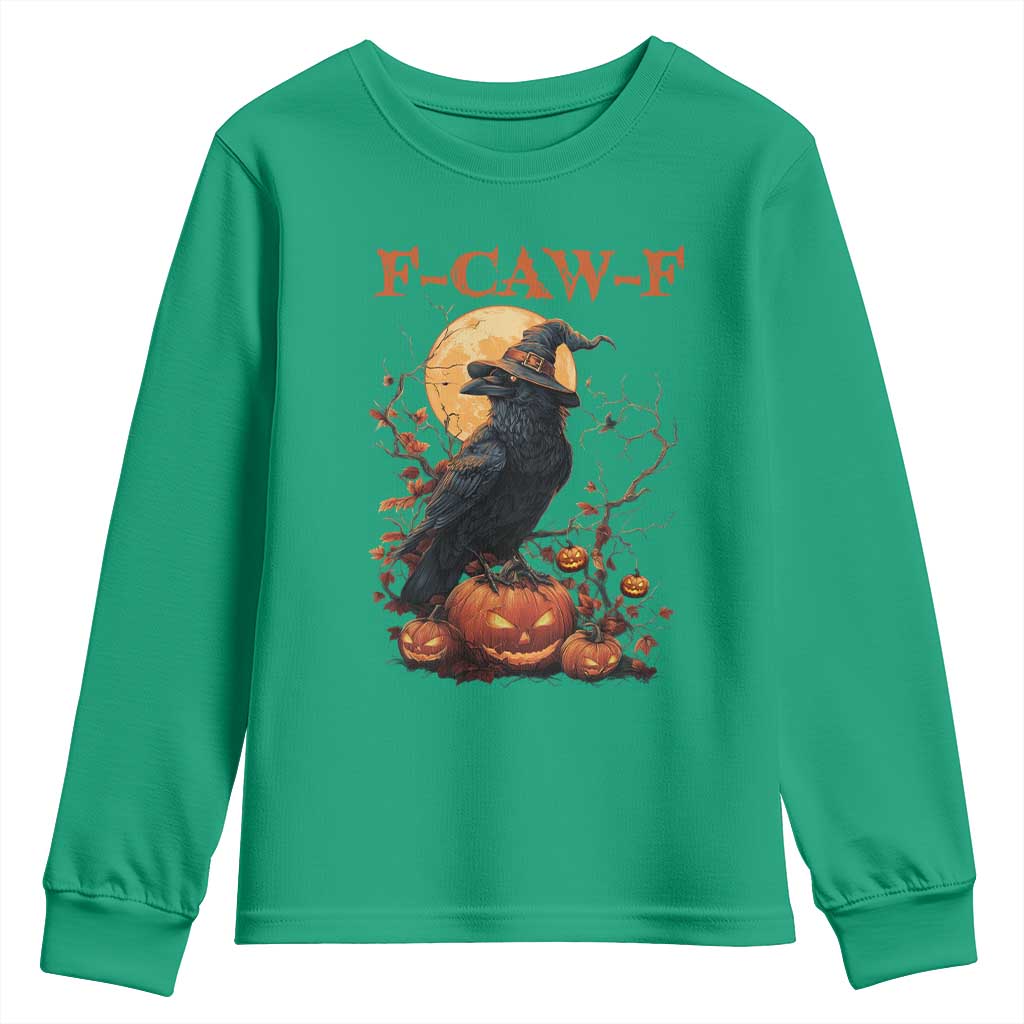 Funny Halloween F Caw F Youth Sweatshirt Black Crow Moon Gothic Spooky Season - Wonder Print Shop