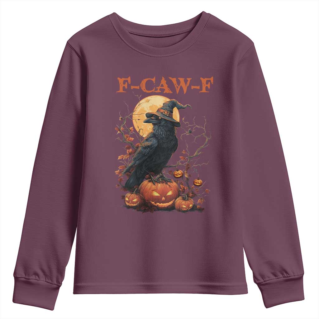 Funny Halloween F Caw F Youth Sweatshirt Black Crow Moon Gothic Spooky Season - Wonder Print Shop
