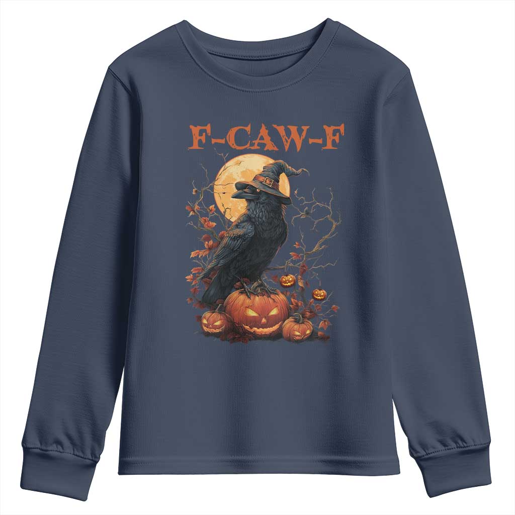 Funny Halloween F Caw F Youth Sweatshirt Black Crow Moon Gothic Spooky Season - Wonder Print Shop