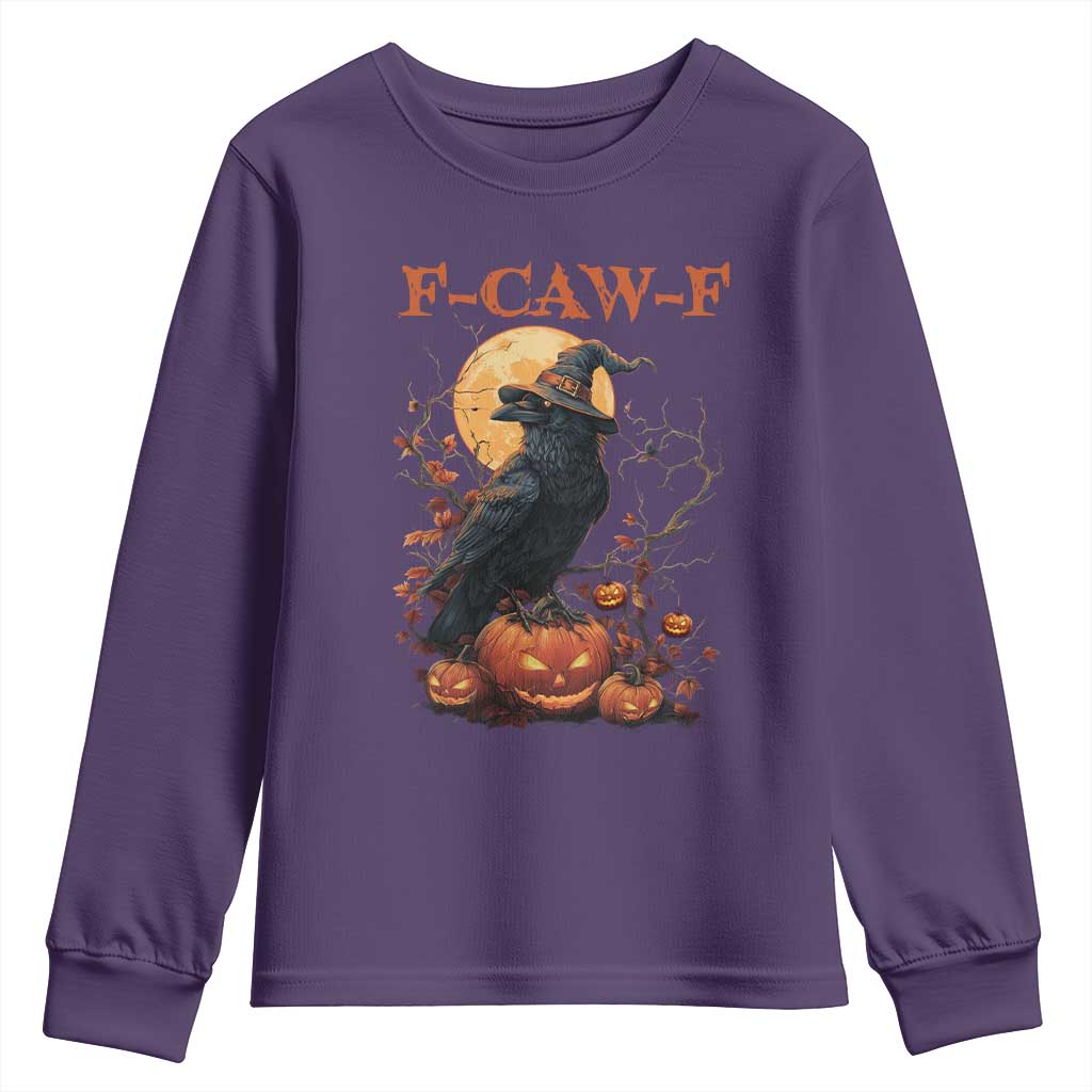 Funny Halloween F Caw F Youth Sweatshirt Black Crow Moon Gothic Spooky Season - Wonder Print Shop