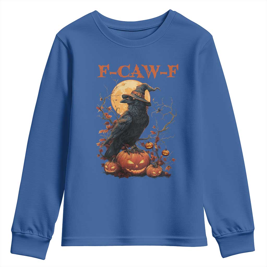 Funny Halloween F Caw F Youth Sweatshirt Black Crow Moon Gothic Spooky Season - Wonder Print Shop