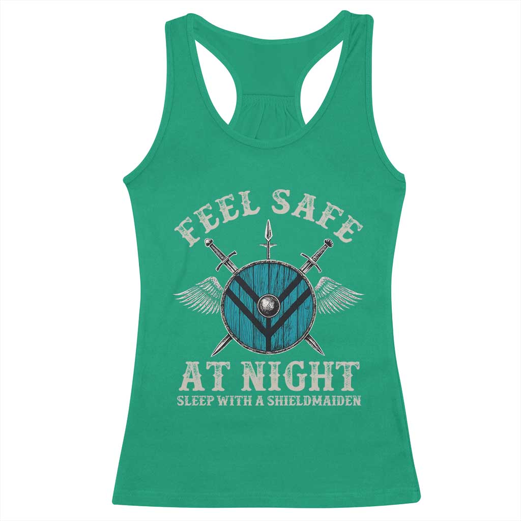Funny Feel Safe At Night Sleep With A Shieldmaiden Racerback Tank Top Viking Pride - Wonder Print Shop