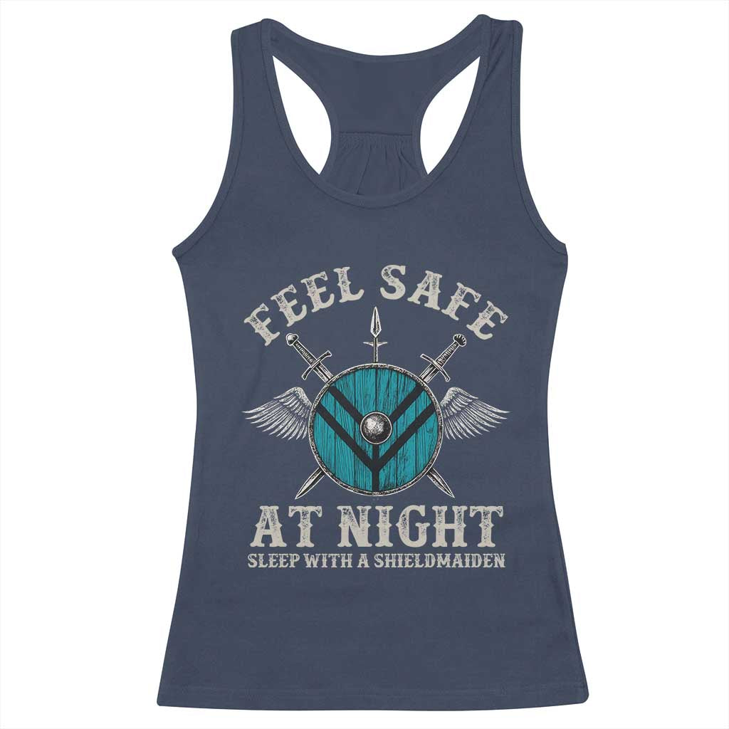 Funny Feel Safe At Night Sleep With A Shieldmaiden Racerback Tank Top Viking Pride - Wonder Print Shop