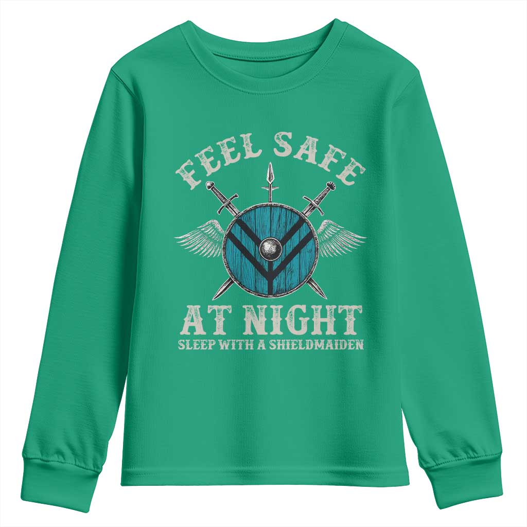 Funny Feel Safe At Night Sleep With A Shieldmaiden Youth Sweatshirt Viking Pride - Wonder Print Shop