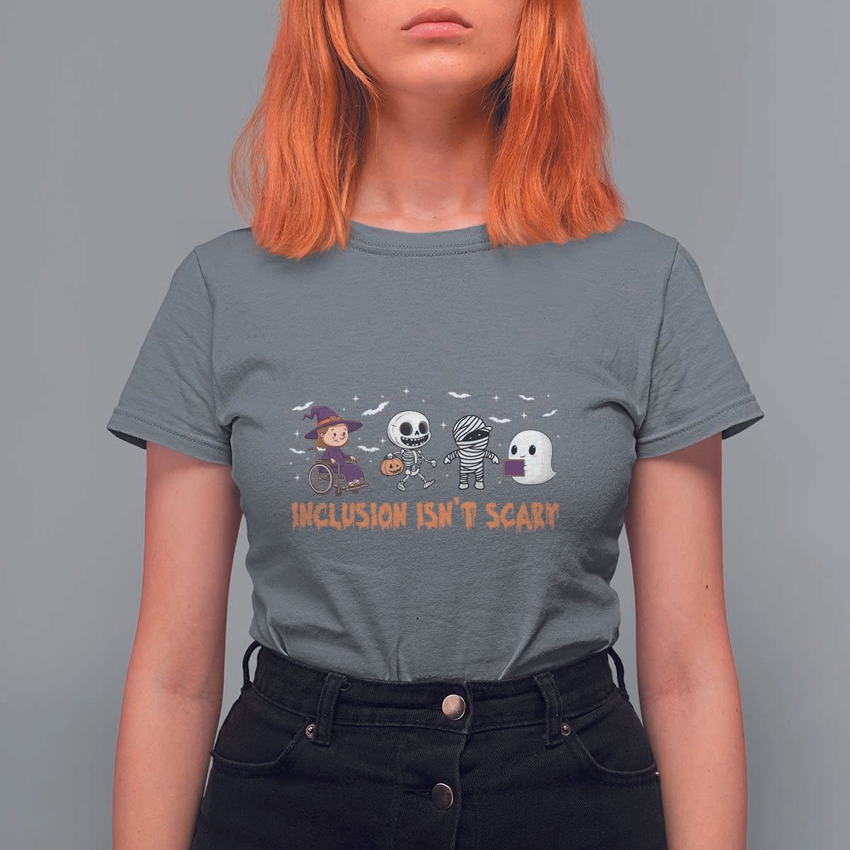 Halloween Teacher T Shirt For Women Inclusion Isn't Scary Cute Skeleton Ghost Witch - Wonder Print Shop