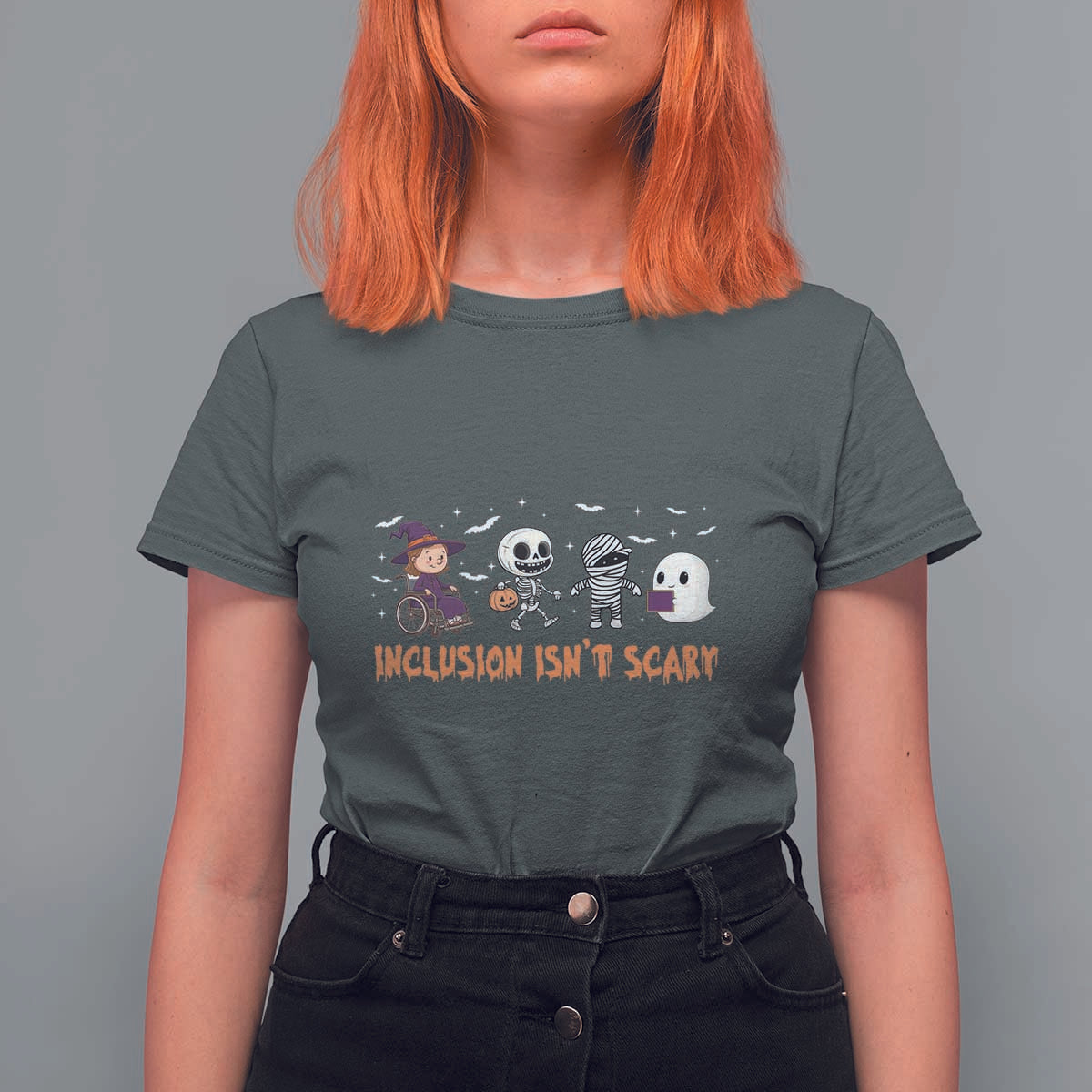 Halloween Teacher T Shirt For Women Inclusion Isn't Scary Cute Skeleton Ghost Witch - Wonder Print Shop