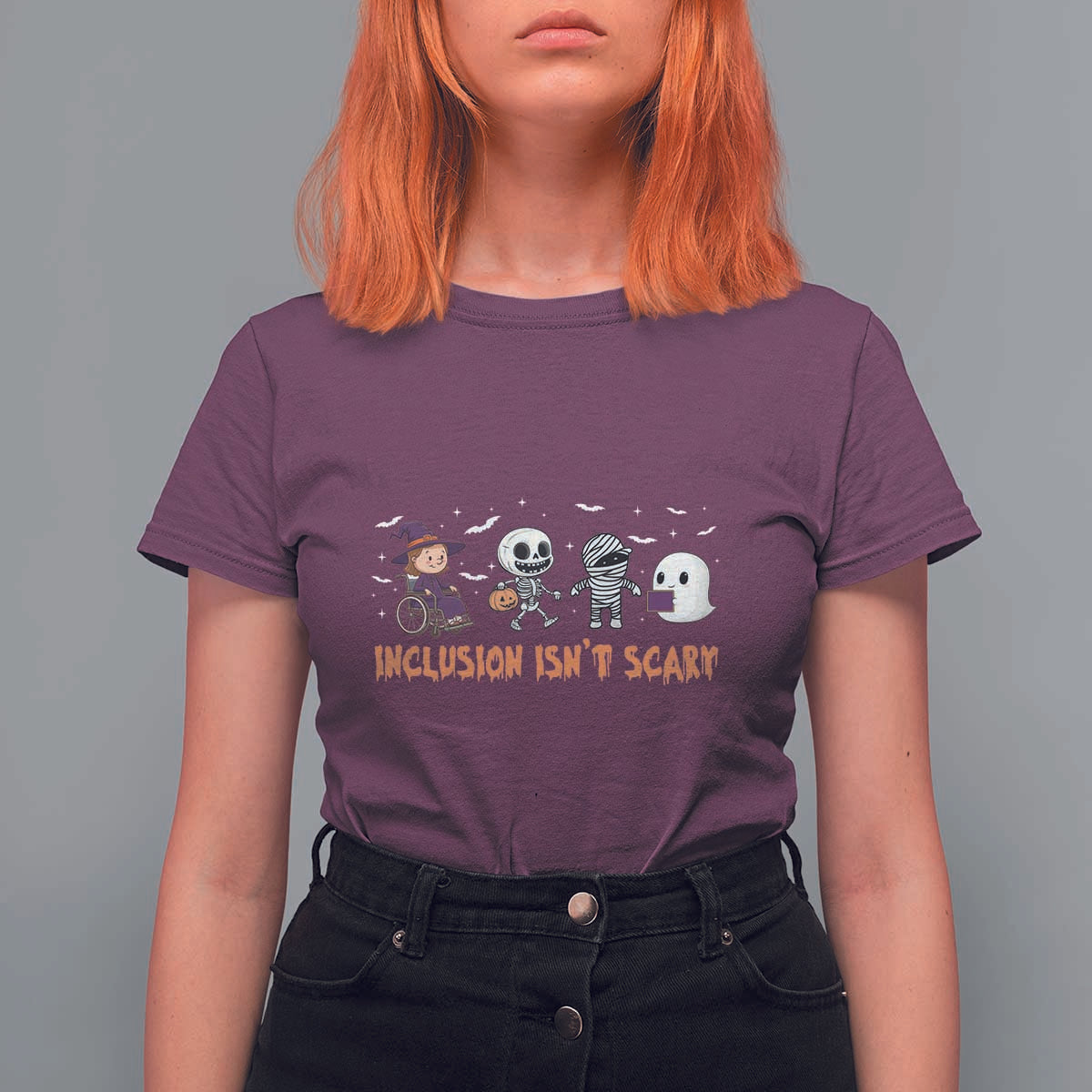 Halloween Teacher T Shirt For Women Inclusion Isn't Scary Cute Skeleton Ghost Witch - Wonder Print Shop