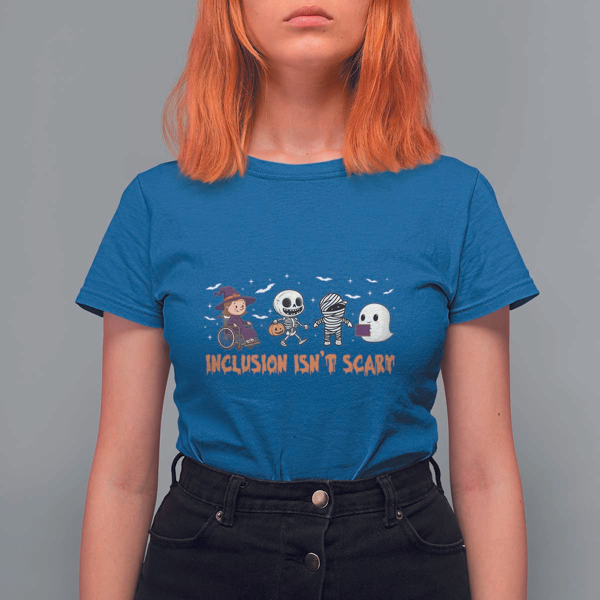 Halloween Teacher T Shirt For Women Inclusion Isn't Scary Cute Skeleton Ghost Witch - Wonder Print Shop