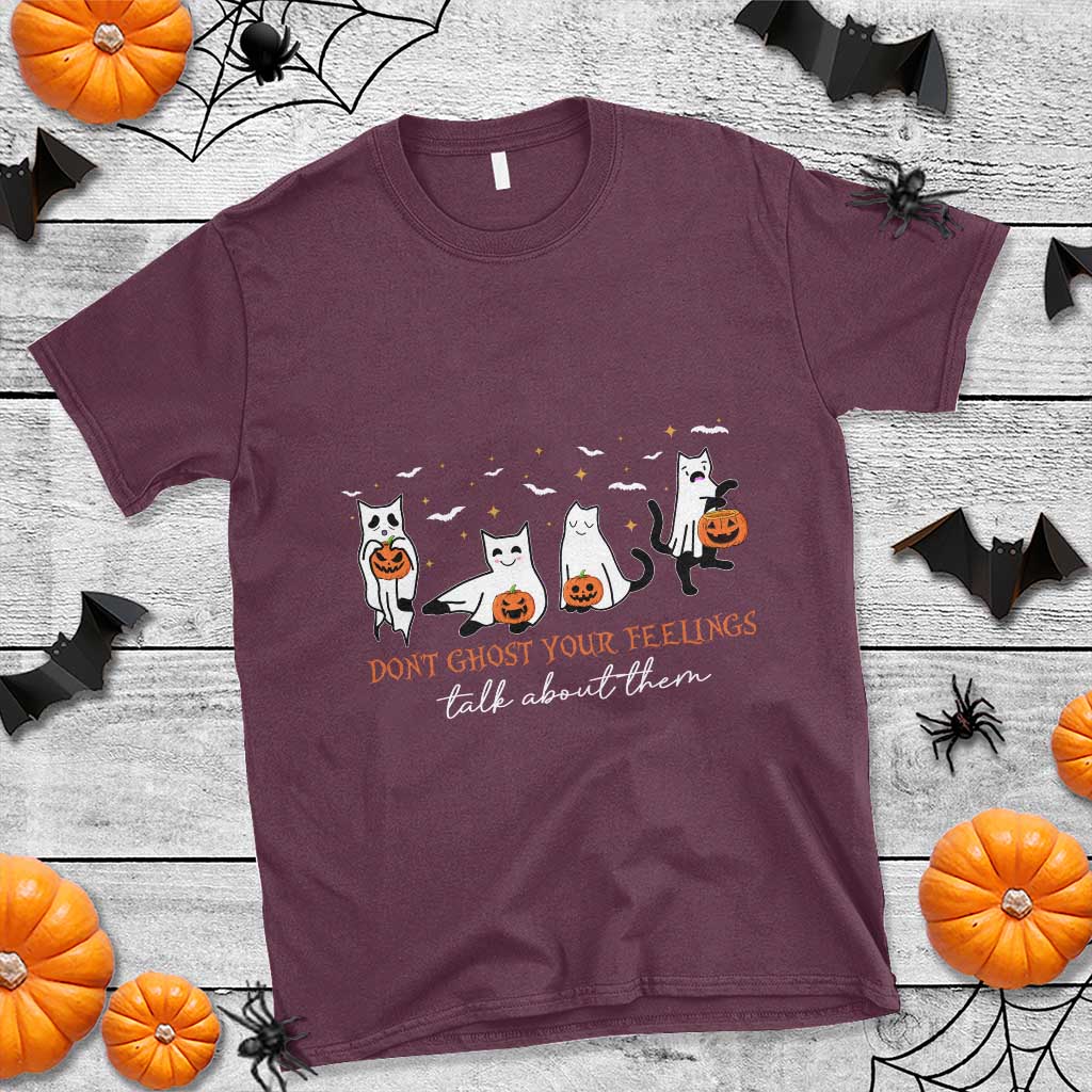 Halloween School Counselor T Shirt Don't Ghost Your Feelings Talk About Them Ghost Cats - Wonder Print Shop