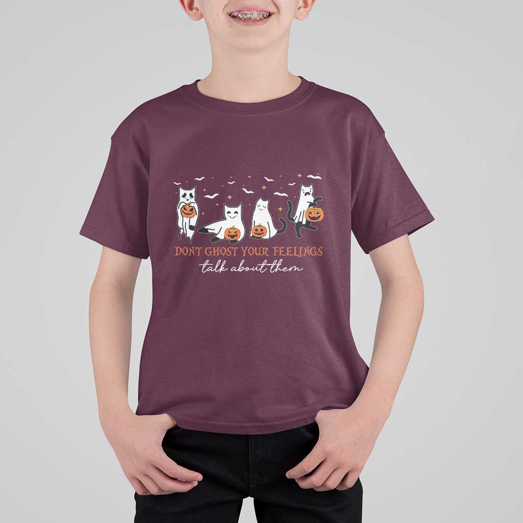 Halloween School Counselor T Shirt For Kid Don't Ghost Your Feelings Talk About Them Ghost Cats - Wonder Print Shop