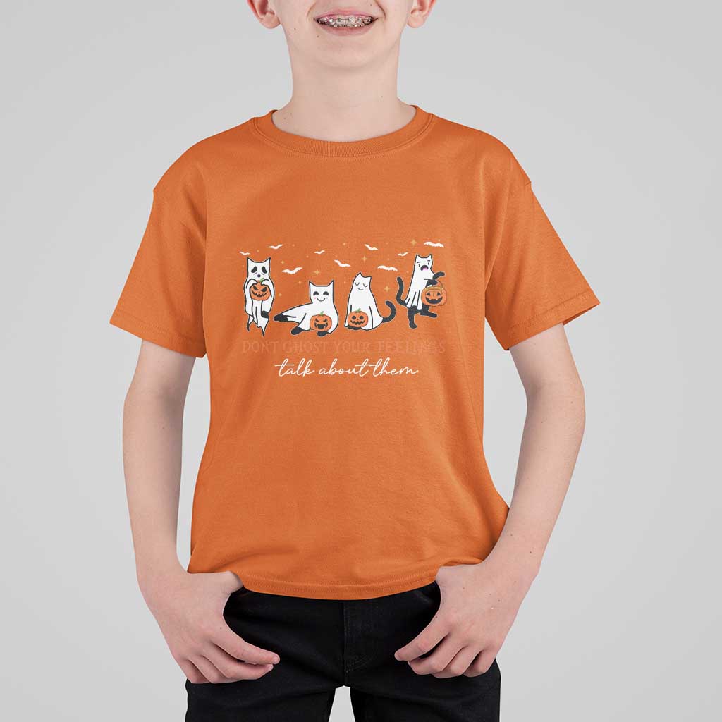 Halloween School Counselor T Shirt For Kid Don't Ghost Your Feelings Talk About Them Ghost Cats - Wonder Print Shop
