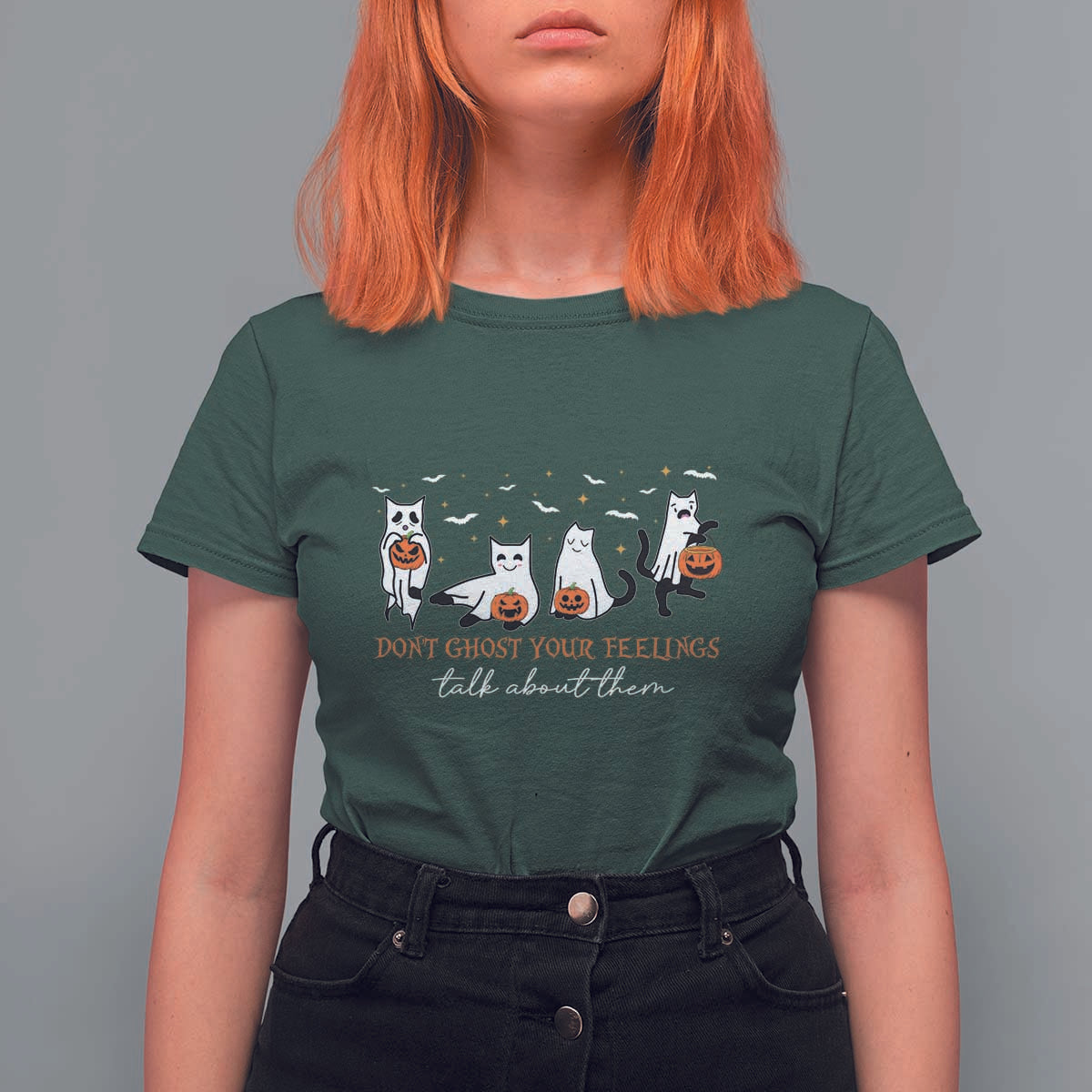 Halloween School Counselor T Shirt For Women Don't Ghost Your Feelings Talk About Them Ghost Cats - Wonder Print Shop