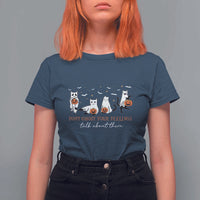 Halloween School Counselor T Shirt For Women Don't Ghost Your Feelings Talk About Them Ghost Cats - Wonder Print Shop