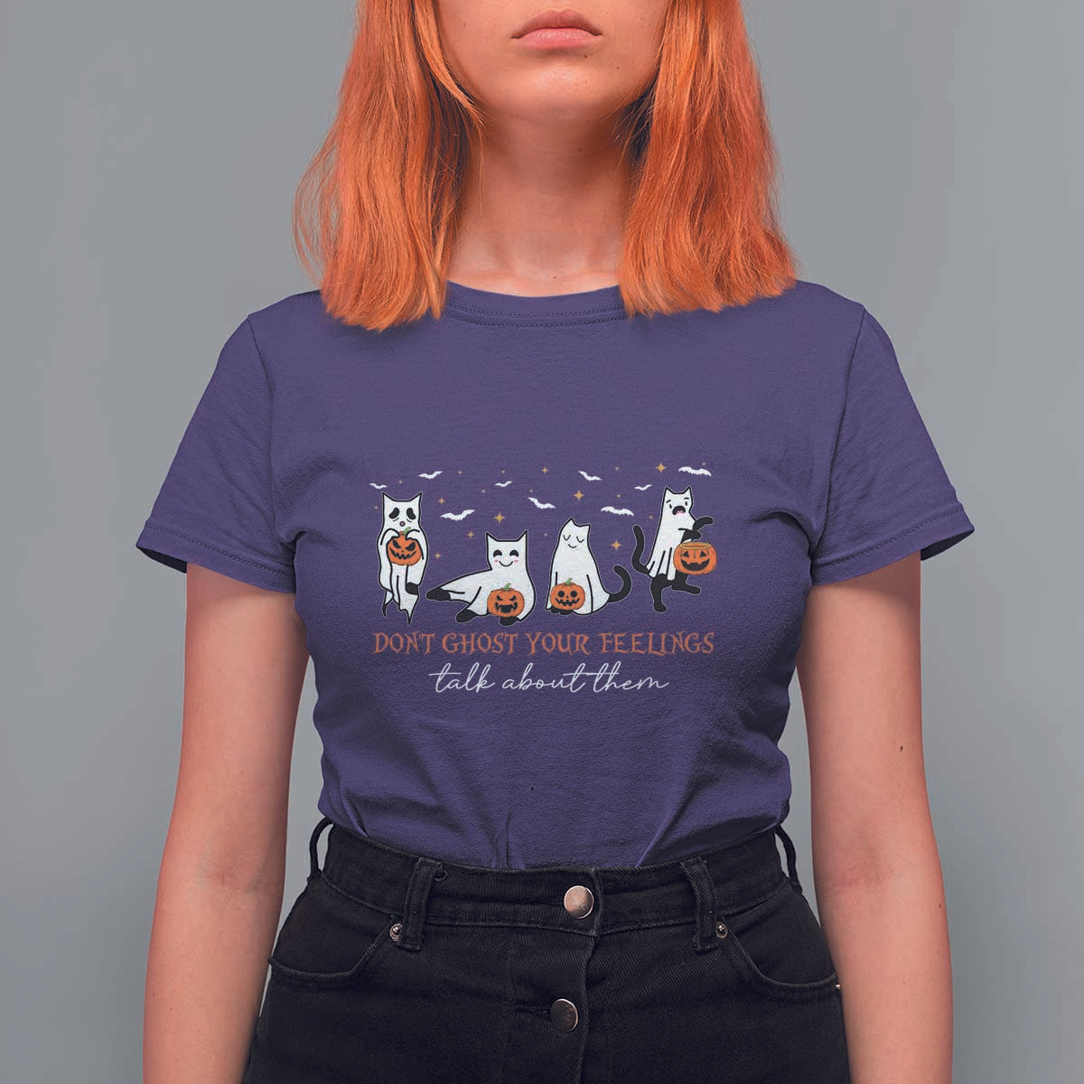 Halloween School Counselor T Shirt For Women Don't Ghost Your Feelings Talk About Them Ghost Cats - Wonder Print Shop