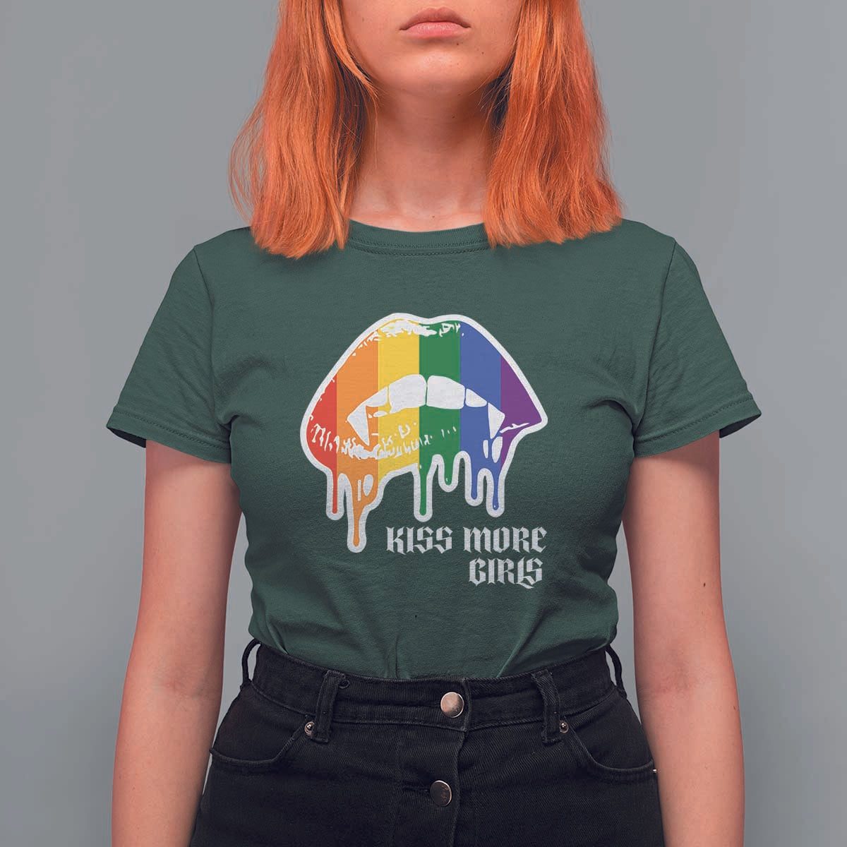 LGBT Lesbian Halloween T Shirt For Women Kiss More Girls Rainbow Vampire Lips - Wonder Print Shop