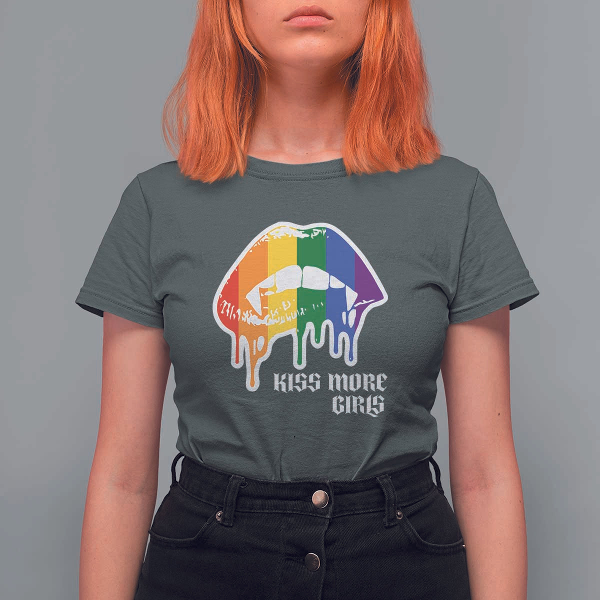 LGBT Lesbian Halloween T Shirt For Women Kiss More Girls Rainbow Vampire Lips - Wonder Print Shop