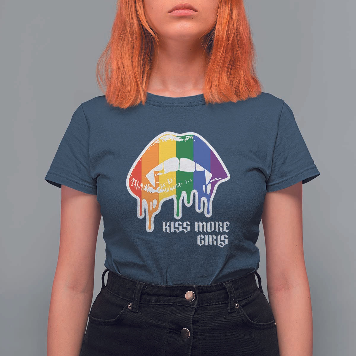 LGBT Lesbian Halloween T Shirt For Women Kiss More Girls Rainbow Vampire Lips - Wonder Print Shop