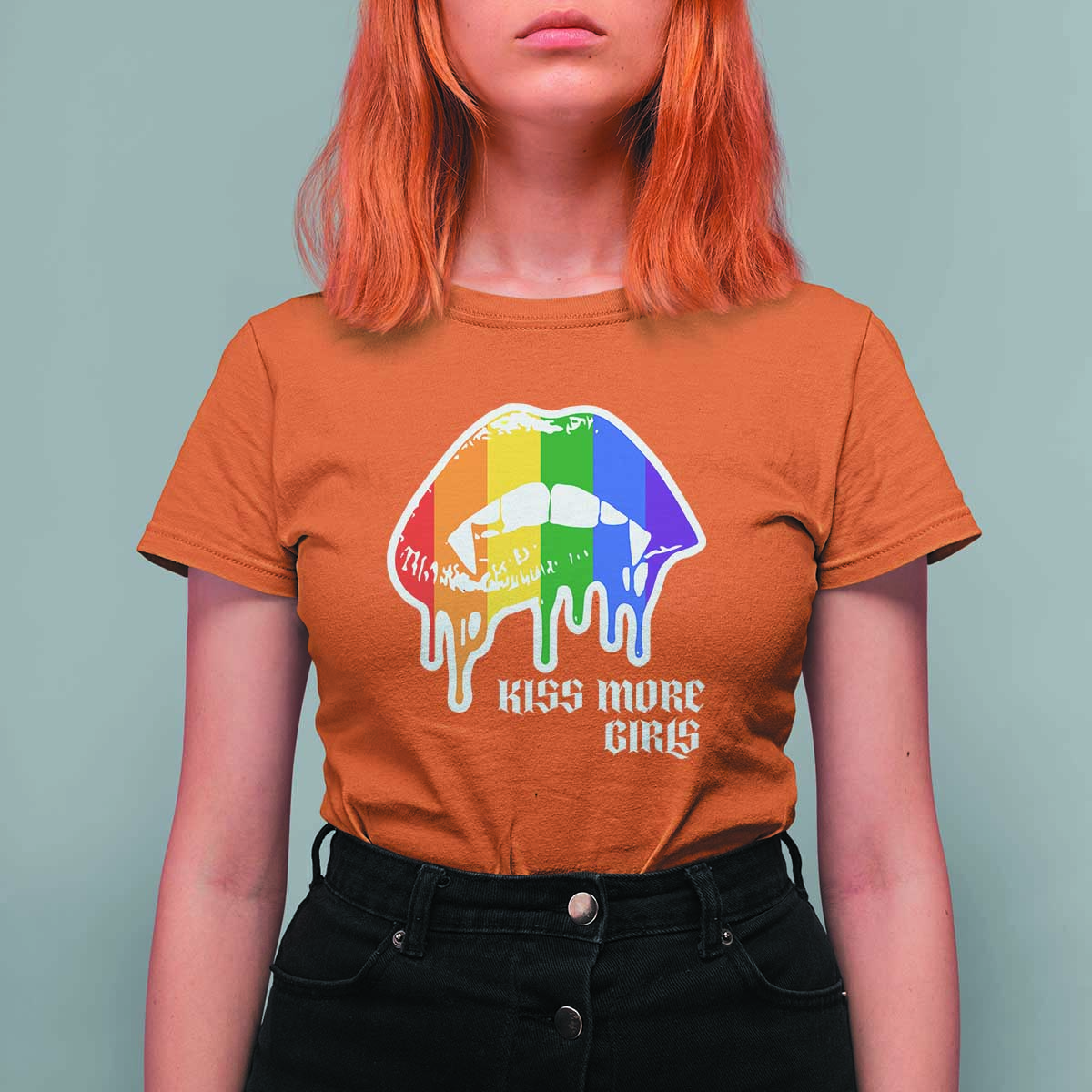 LGBT Lesbian Halloween T Shirt For Women Kiss More Girls Rainbow Vampire Lips - Wonder Print Shop