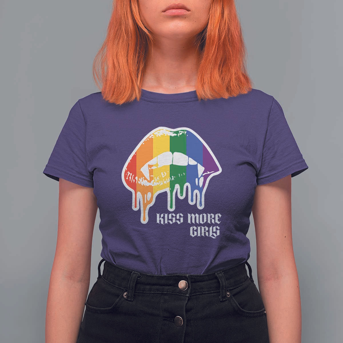 LGBT Lesbian Halloween T Shirt For Women Kiss More Girls Rainbow Vampire Lips - Wonder Print Shop
