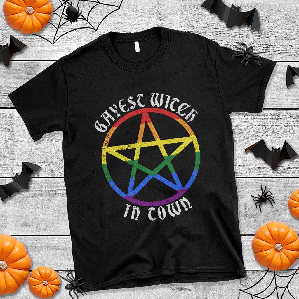 Halloween LGBT T Shirt Gayest Witch In Town Rainbow Pentagram Star - Wonder Print Shop