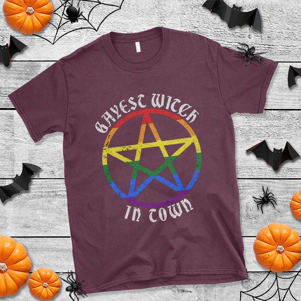 Halloween LGBT T Shirt Gayest Witch In Town Rainbow Pentagram Star - Wonder Print Shop