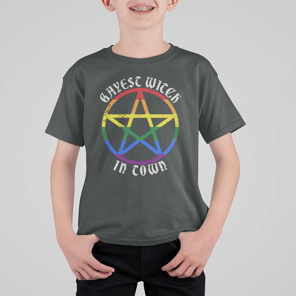 Halloween LGBT T Shirt For Kid Gayest Witch In Town Rainbow Pentagram Star - Wonder Print Shop
