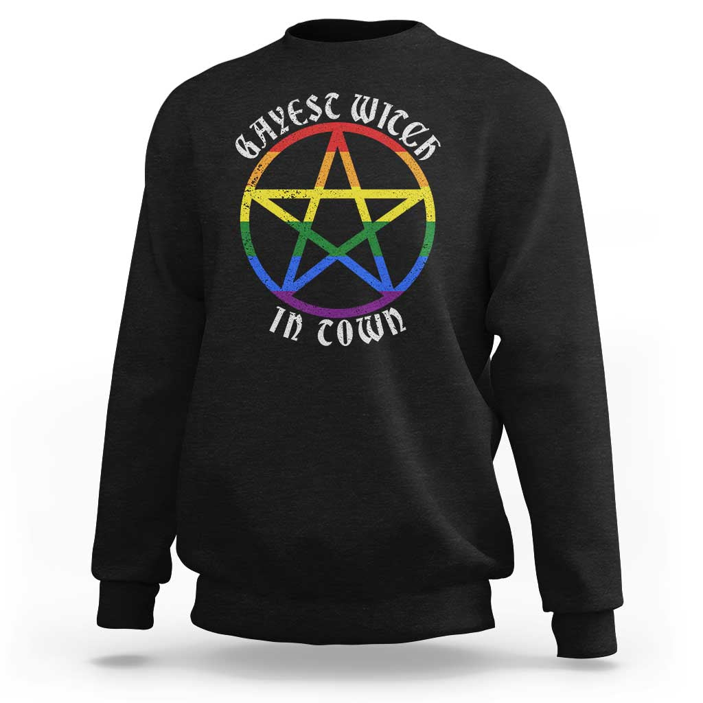 Halloween LGBT Sweatshirt Gayest Witch In Town Rainbow Pentagram Star - Wonder Print Shop