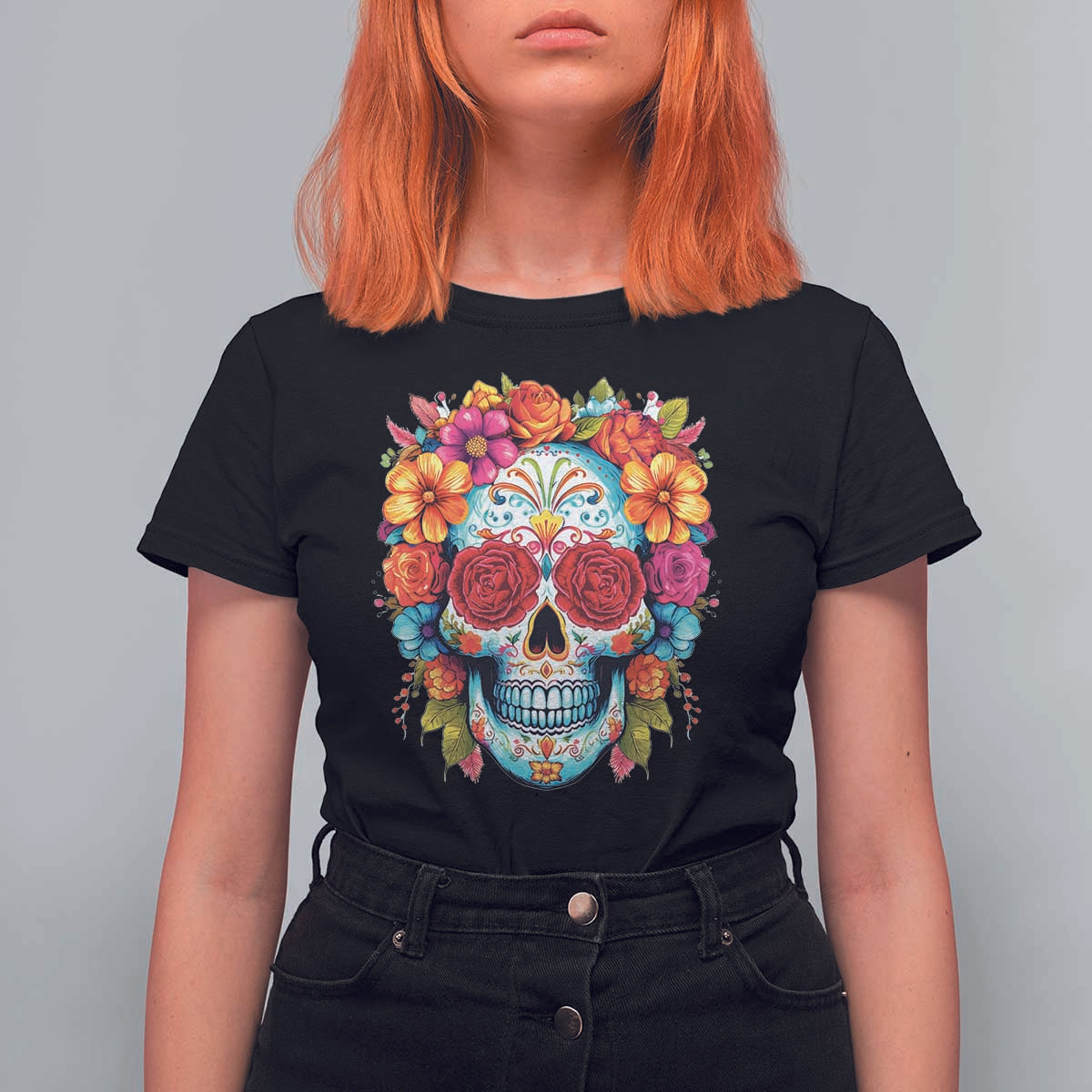 Day Of The Dead T Shirt For Women Sugar Skull Dia De Los Muertos Halloween Rose Flowers - Wonder Print Shop